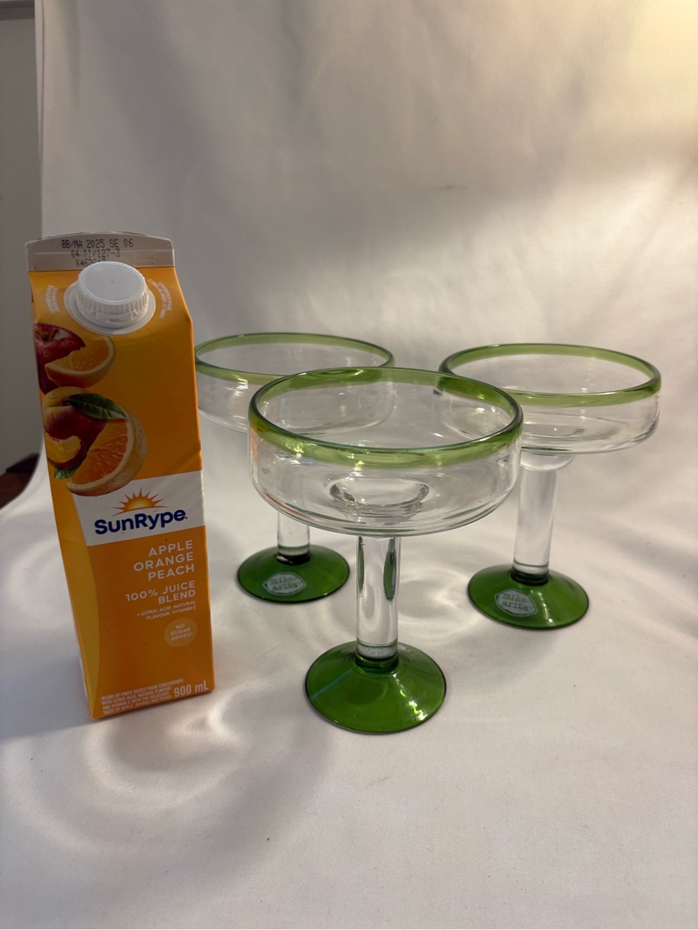 3- hand blown glass, Green rimmed margarita glasses/Mike-Arita